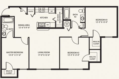 Floor plan for 3 beds, 2 baths, 1150 sqft